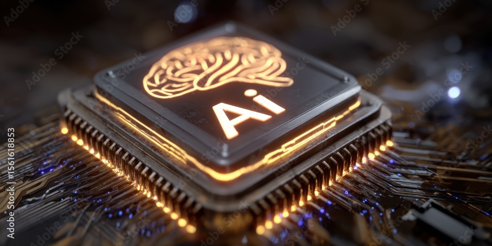 Poster Highly detailed close-up of artificial intelligence microchip with neural network symbol and glowing circuitry.