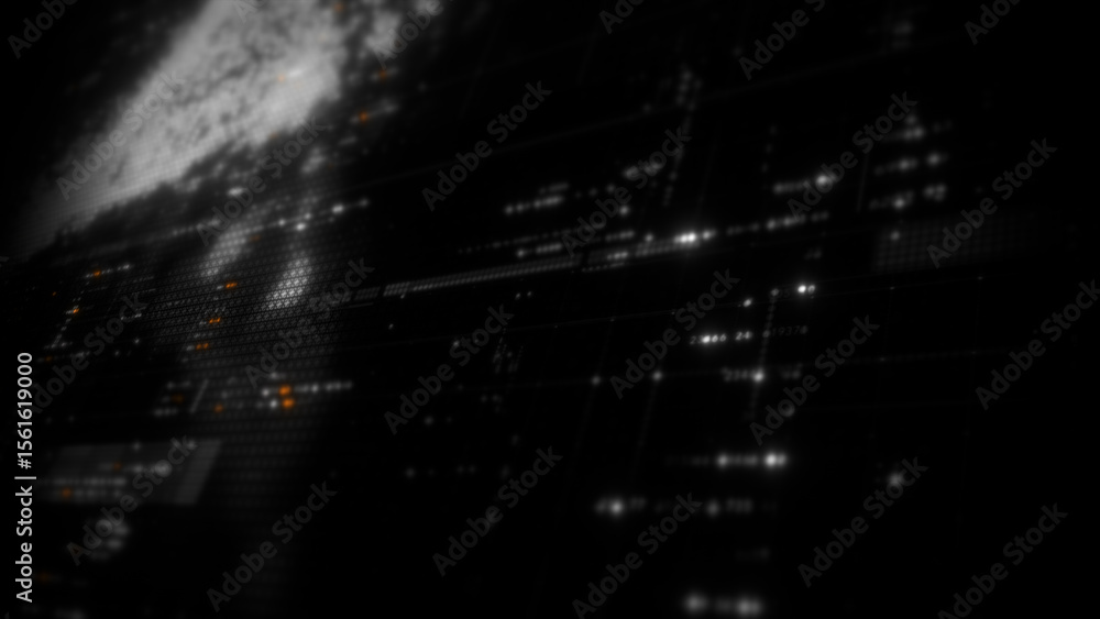 Poster Futuristic digital screen matrix with encrypted data, hi-tech telemetry, and dynamic code patterns. Ideal for desktop displays, sci-fi UI, and cyber tech backgrounds