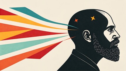 Radiant Mind: A stylized illustration of a man's profile, radiating vibrant, multicolored rays from his mind, symbolizing creativity, innovation, and brilliant ideas.