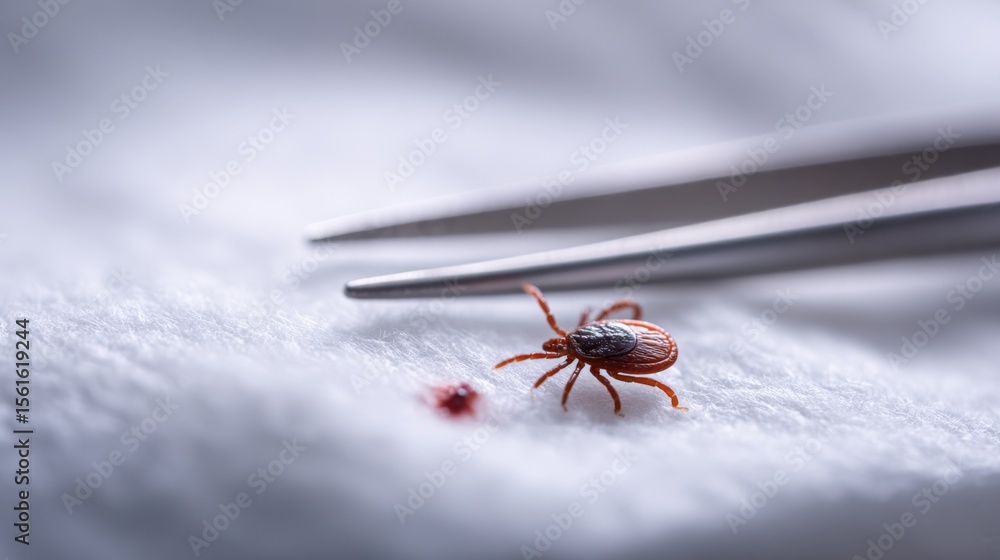 Poster close-up of a tiny tick being examined with precision tweezers on soft fabric surface.