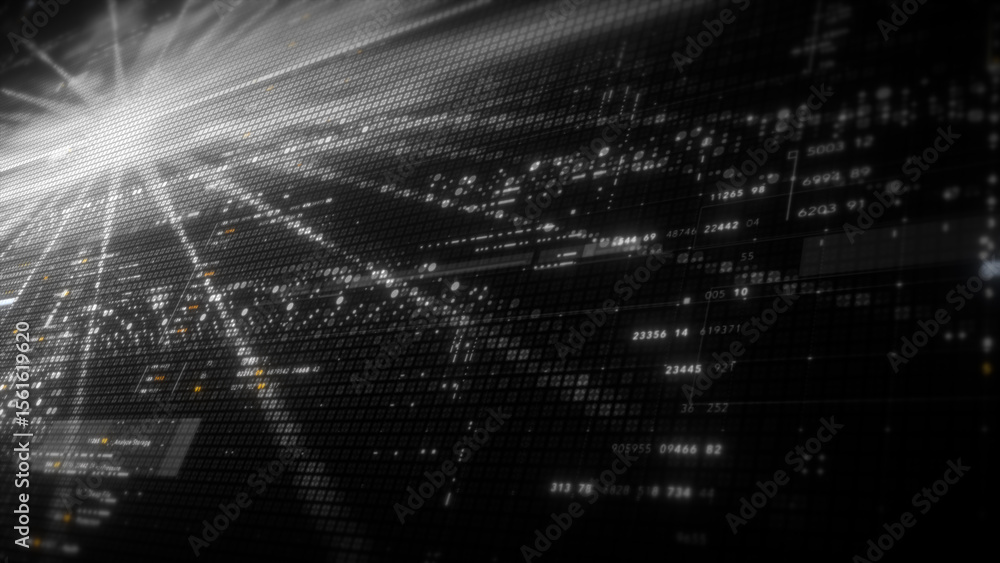 Poster Futuristic digital screen matrix with encrypted data, hi-tech telemetry, and dynamic code patterns. Ideal for desktop displays, sci-fi UI, and cyber tech backgrounds