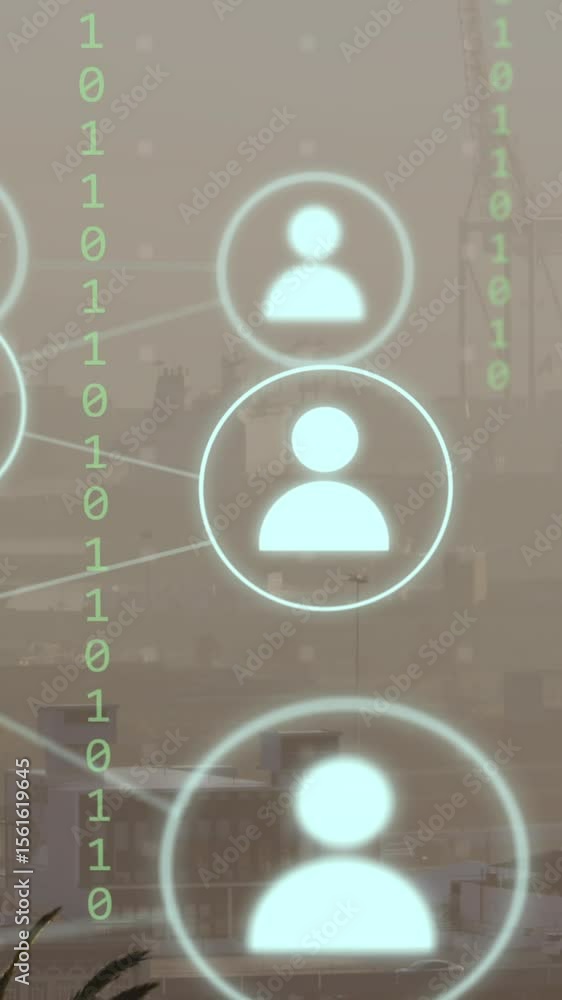 Aufkleber animation of network of connections with icons and binary coding over cityscape