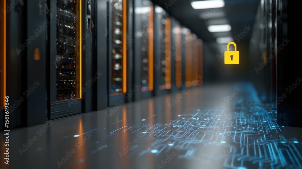Poster Modern data center server room with digital lock security system and glowing blue circuit floor.