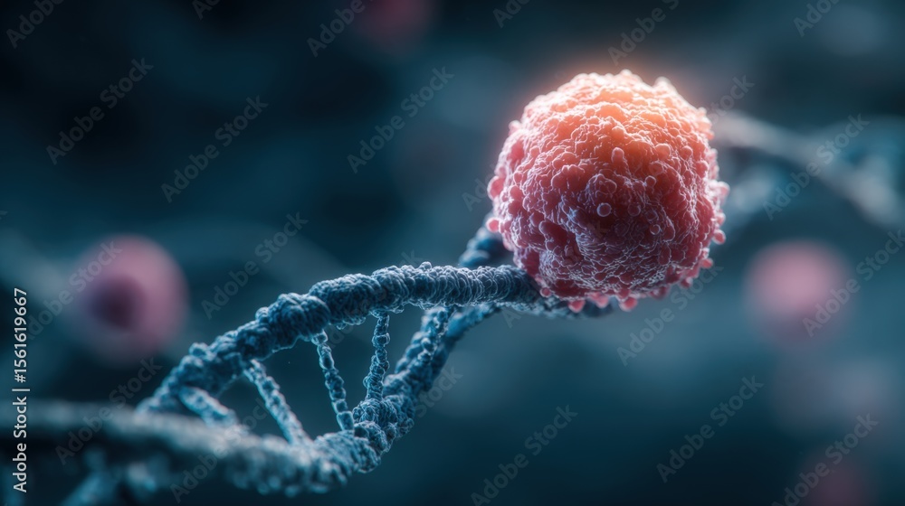 Poster close-up view of a virus particle attached to a dna strand with detailed molecular structure.
