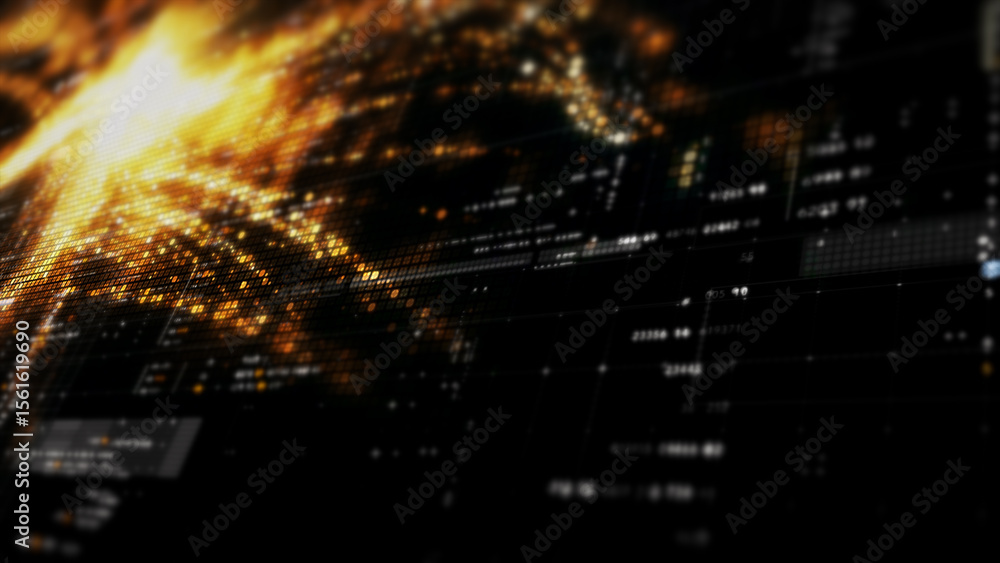 Poster Futuristic digital screen matrix with encrypted data, hi-tech telemetry, and dynamic code patterns. Ideal for desktop displays, sci-fi UI, and cyber tech backgrounds