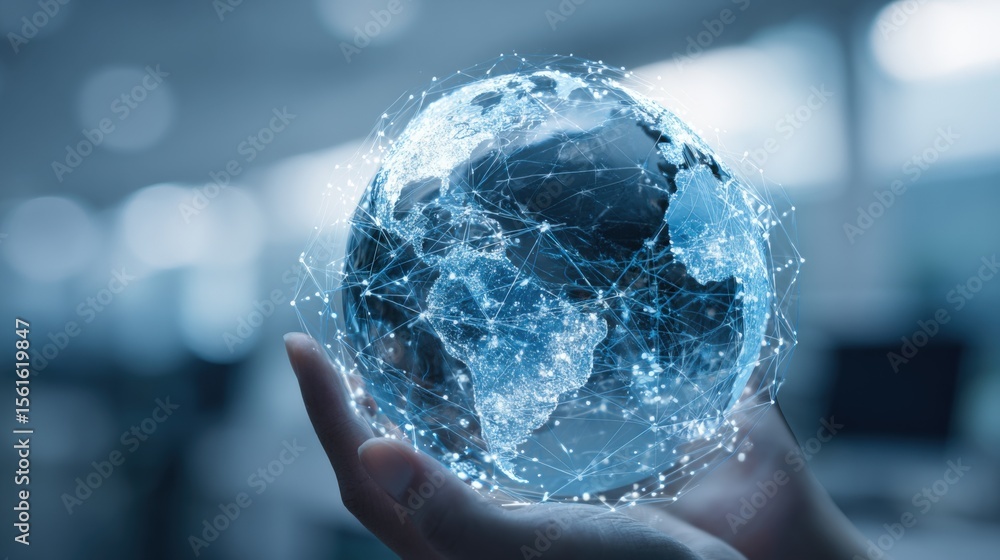 Aufkleber Futuristic digital earth globe hologram with interconnected data network in hand.