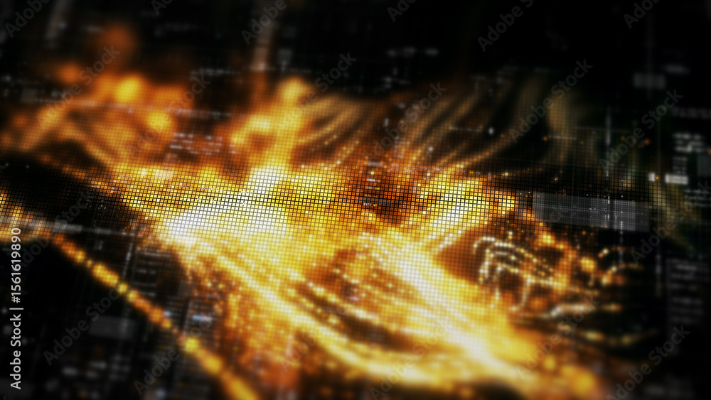 Poster Futuristic digital screen matrix with encrypted data, hi-tech telemetry, and dynamic code patterns. Ideal for desktop displays, sci-fi UI, and cyber tech backgrounds