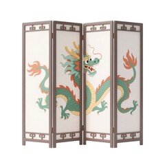 Ancient Dragon Screen: A traditional room divider showcases an intricate dragon design, a symbol of power and fortune. Carved from wood and embellished with cultural motifs.