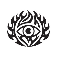 A modern logo design featuring a stylized eye constructed with sharp, symmetrical tribal patterns. 