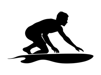 A bold, black silhouette of a surfer curled up on a surfboard.