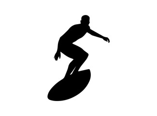 A bold, black silhouette of a surfer curled up on a surfboard.