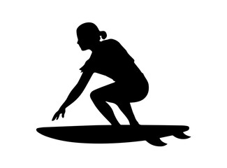 A bold, black silhouette of a surfer curled up on a surfboard.