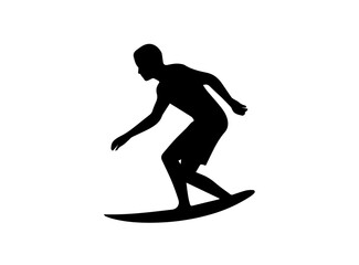 A bold, black silhouette of a surfer curled up on a surfboard.