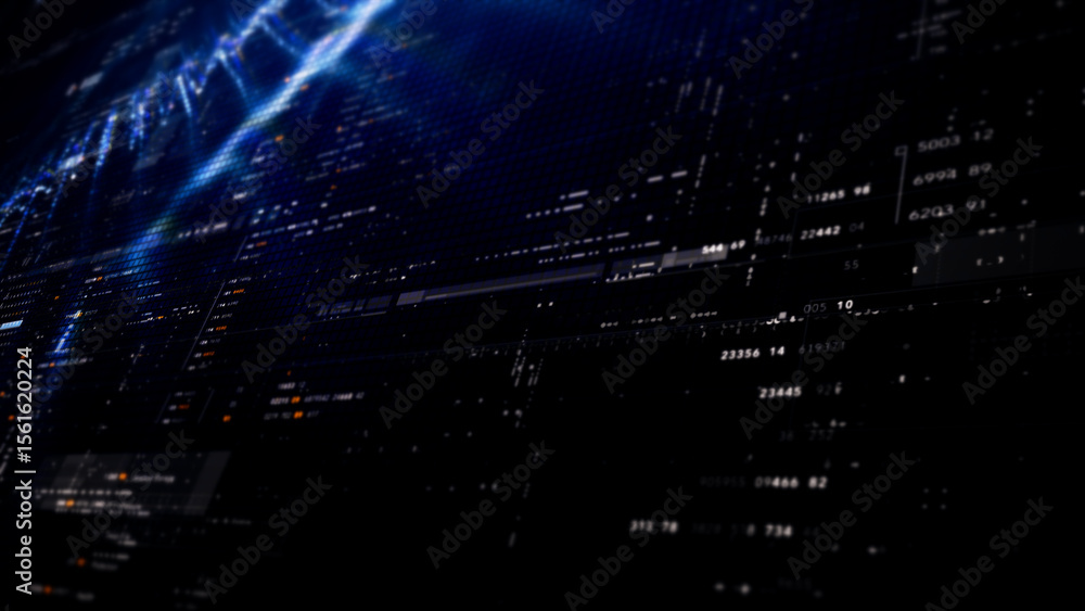 Poster Futuristic digital screen matrix with encrypted data, hi-tech telemetry, and dynamic code patterns. Ideal for desktop displays, sci-fi UI, and cyber tech backgrounds
