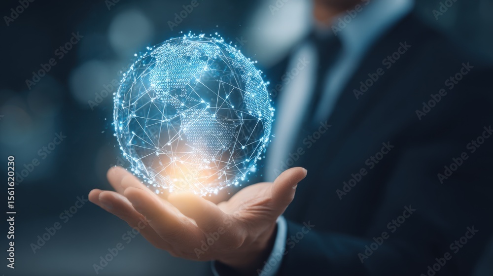 Aufkleber businessperson holding glowing digital globe with network connections and data visualization.