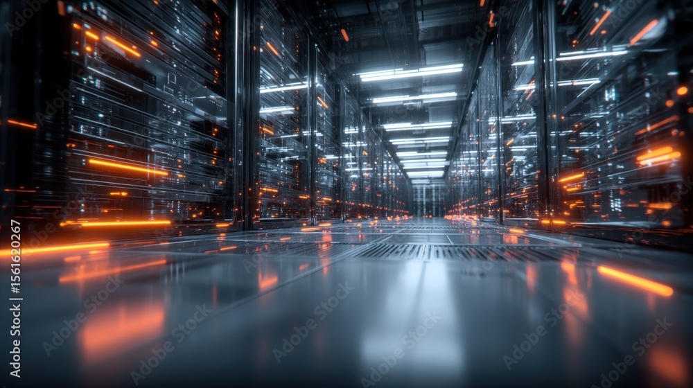 Poster Futuristic data center with illuminated servers and high-tech digital infrastructure.