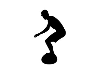 A bold, black silhouette of a surfer curled up on a surfboard.