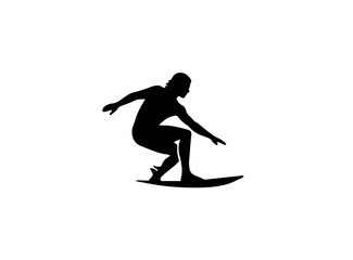 A bold, black silhouette of a surfer curled up on a surfboard.