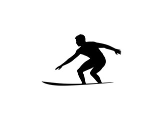 A bold, black silhouette of a surfer curled up on a surfboard.