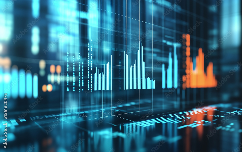 Poster visualization of digital data with lines and bars in blue and orange hues