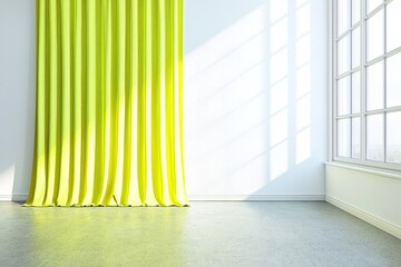 Obraz premium A minimalistic interior featuring a white wall and a sunny yellow curtain exudes tranquility and style.