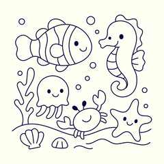 Smiling Underwater Animals with Seahorse and Crab