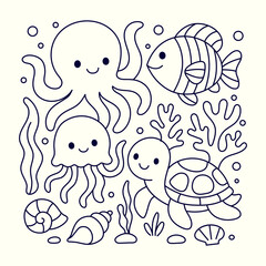 Cute Cartoon Sea Animals Underwater Scene
