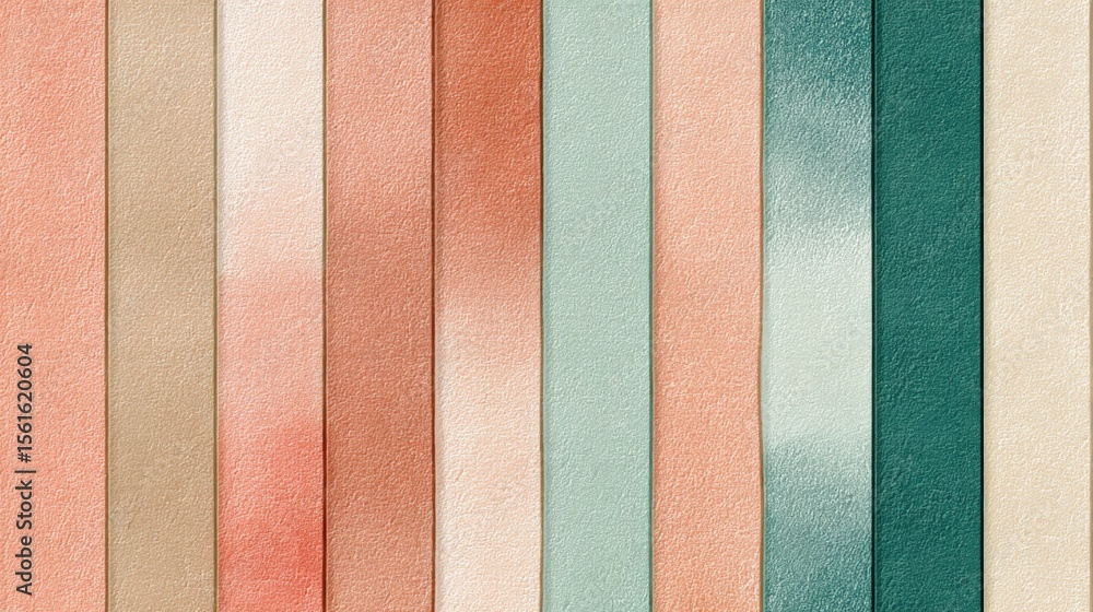 Poster Assorted pastel and deep green colored textured fabric strips arranged vertically in a pattern.