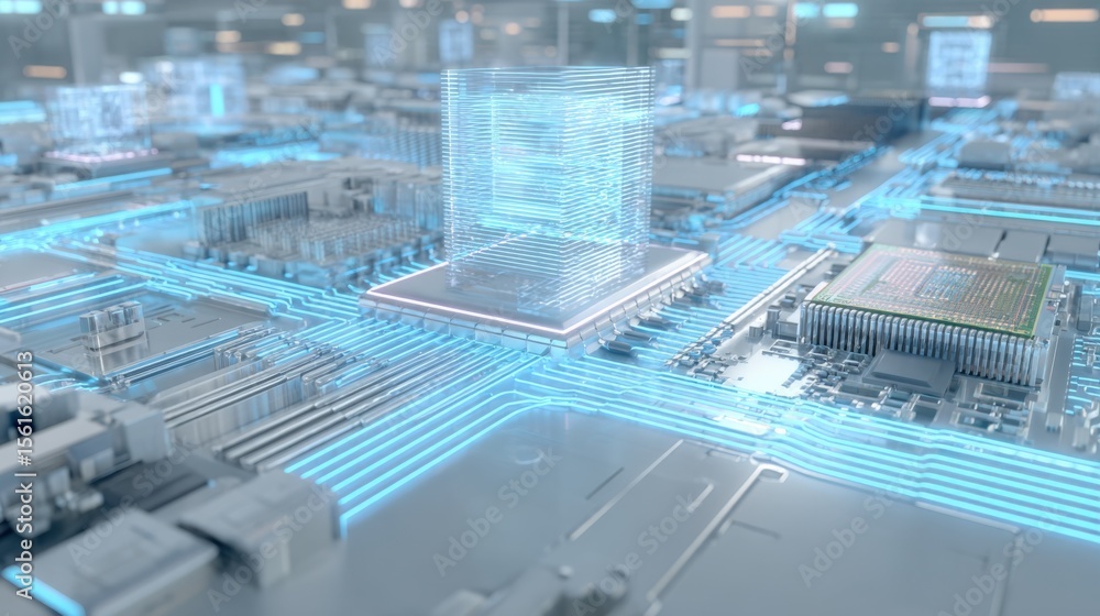 Poster futuristic digital circuit board with glowing blue microchips and electronic components.