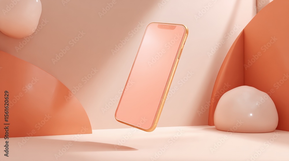 Poster modern sleek smartphone with a pink gradient screen surrounded by minimalist decor.