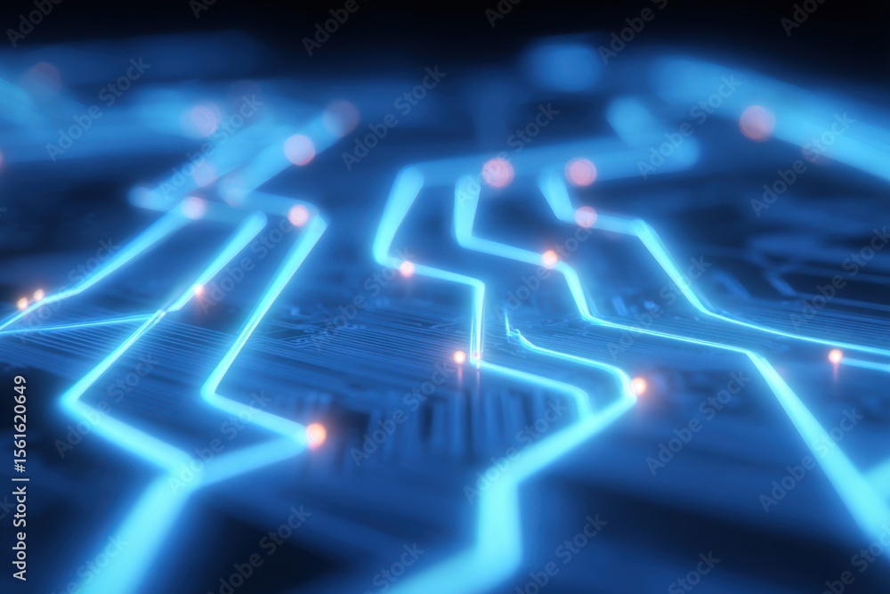 Poster Close-up of illuminated electronic circuit pathways with glowing blue lines on a printed circuit board.