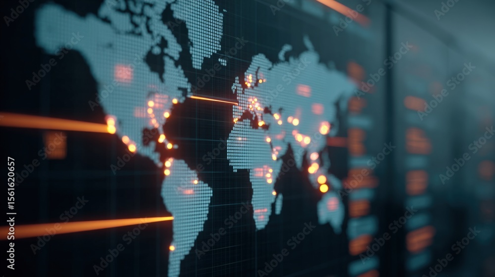 Poster Digital world map with glowing data points and connecting lines on global network.