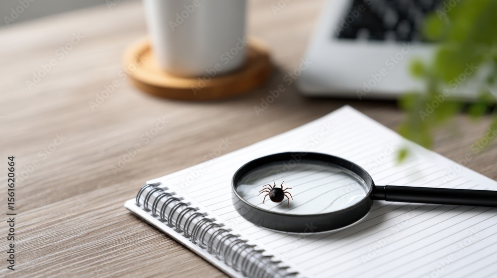 Poster close-up of black spider under magnifying glass on notepad with laptop and plant in background.