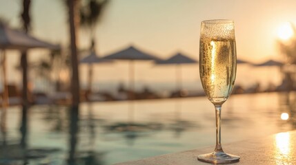 Elegant champagne flute filled with sparkling wine on poolside at sunset with umbrellas.