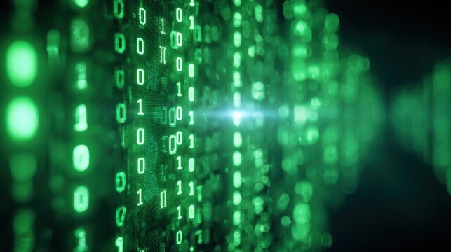 Digital code stream with binary numbers and glowing green data visualization.