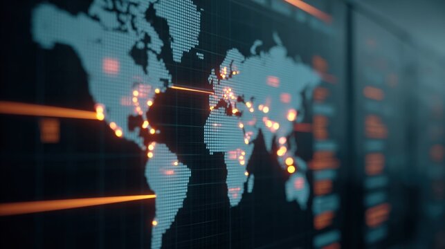Digital world map with glowing data points and connecting lines on global network.