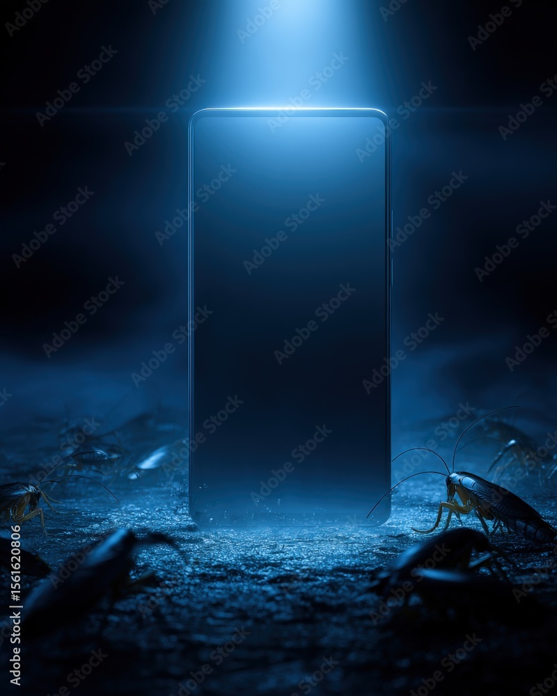 Poster sleek modern smartphone standing in water with dark mysterious atmosphere and subtle lighting.