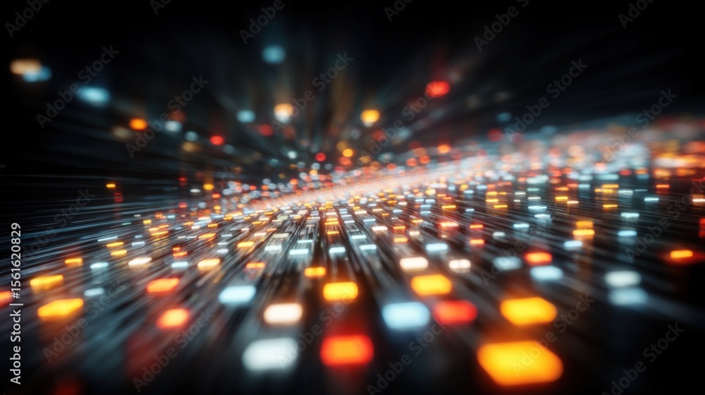 Poster Vibrant abstract digital data stream with glowing tiny squares and dynamic motion.
