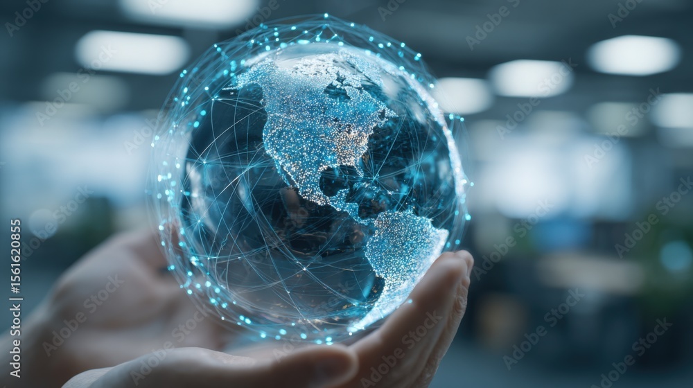 Poster Hand Holding Digital Globe with Global Network and Connectivity Data Visualization.