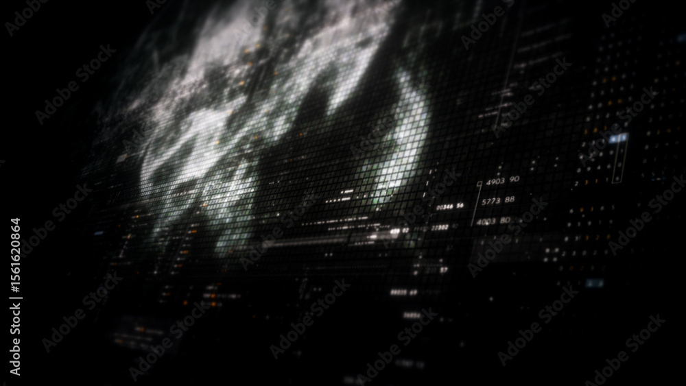 Poster Futuristic digital screen matrix with encrypted data, hi-tech telemetry, and dynamic code patterns. Ideal for desktop displays, sci-fi UI, and cyber tech backgrounds