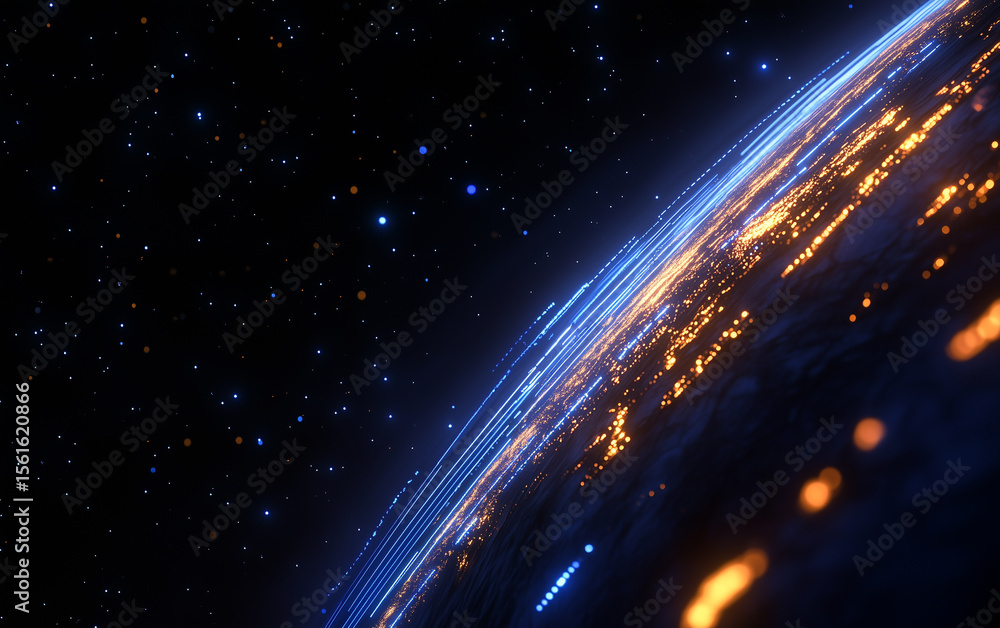 Poster abstract glowing earth with blue lines in space with stars background view