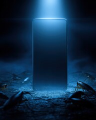 Sleek modern smartphone standing in water with dark mysterious atmosphere and subtle lighting.