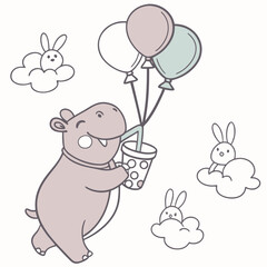 An adorable Baby hippo with a Excited vibe, with a bubble tea, and a Soft Pastel Soft pastel theme – SVG style