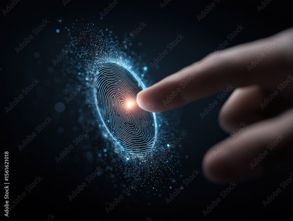 Poster Futuristic digital fingerprint scan with glowing lines and particles on dark background.