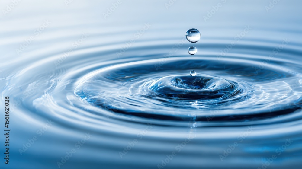 Poster close-up of water droplet creating ripples on smooth reflective surface with splash.