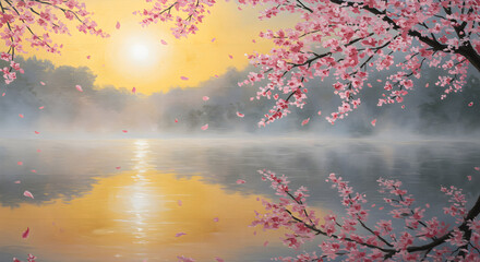 Cherry Blossom Serenity: A breathtaking scene unfolds, where cherry blossoms cascade gently, reflected in the tranquil waters of a serene lake.