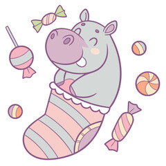 Delightful Silly Baby hippo in a Birthday scene with snuggled in a sock – Candy Shop vector illustration