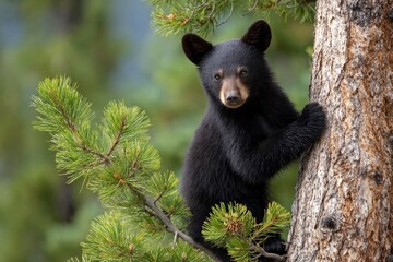 Black bear cub climbing a tree surrounded by green pine branches