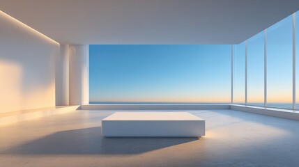 Modern minimalist interior with large floor to ceiling windows overlooking scenic ocean view.