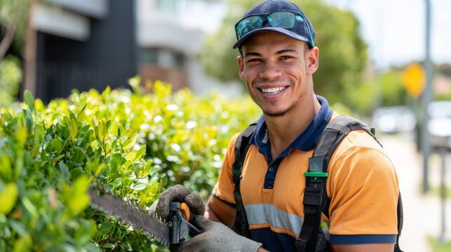 A skilled craftsman prunes bushes. He is dressed in work clothes and prunes bushes under natural light in a beautiful outdoor environment.